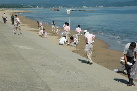 松太枝浜で、班別に分かれ、ごみ収集活動中。