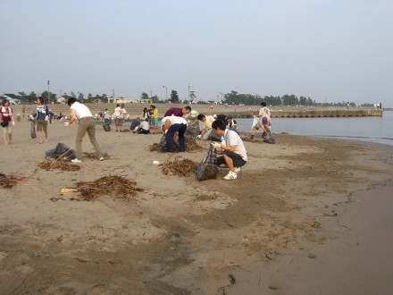 社員、ならびに家族が参加した海岸清掃。